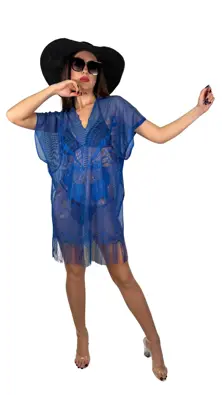 Kadın Pareo Rahat Ve Şık Plaj Elbisesi Saks Mavi - Kelebek Desen